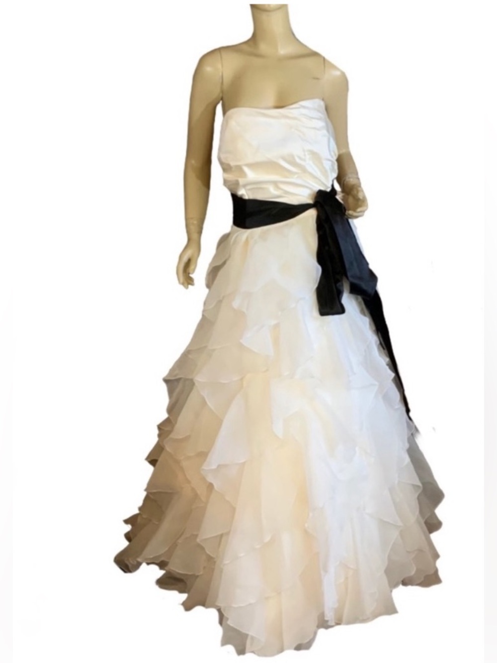 PALOMA BLANCA IVORY SILK & BLEND RUFFLED STRAPLESS GOWN W/BLACK SASH (18)